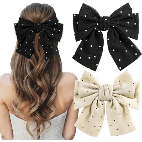 TOCESS Hair Bows for Women and Girls Black White Polka Dot Bowknot Clips for Thick Thin Hair Silky Satin French Bow Clips for Long Short Hair 2Pcs Cover