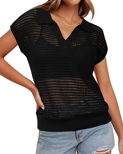 Image of Arach&Cloz 2025 Women's Crochet Cap Sleeve Knit Tops Spring Summer Shirts Lightweight Collared Hollow Out Casual Blouses