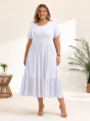 Image of LARACE Plus Size Dresses for Women Summer Casual Short Sleeve Long Dress Flowy Maxi Beach Dresses with Pockets L-6XL