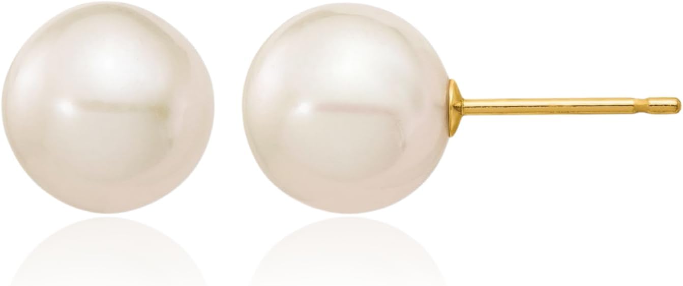 IceCarats 14K Solid Yellow Gold 8mm Freshwater Pearl Large Stud Earrings Prong Set, Friction Back For Her
