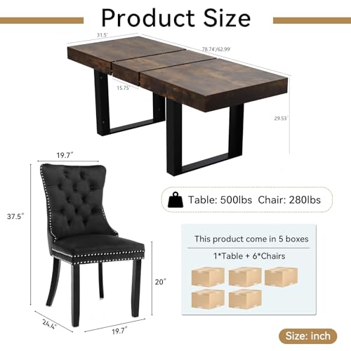 Image of Rustic Brown Dining Room Table Set for 6, 7-Piece 63 inch-78.74 inch Extendable Dining Table Set with 6 Upholstered Chairs, Rectangle Wooden Expanding Kitchen Table and Black Chairs Set