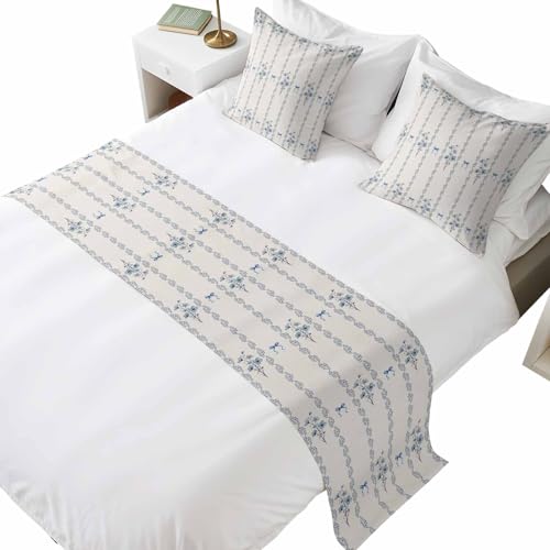 Blue Flowers Queen Size Bed Runner and 2 Pillowcase Set