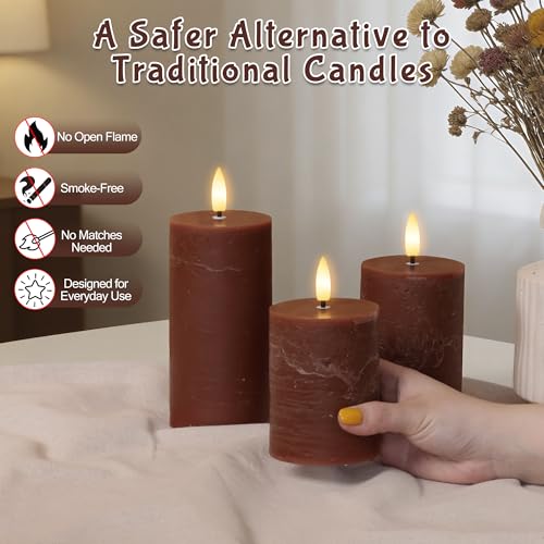 Image of Brown Flameless Pillar Candles with Remote, Real Wax Flickering Battery Operated Candles, LED Decorative Candles for Home Decor, Table, Fireplace Mantle, Set of 3