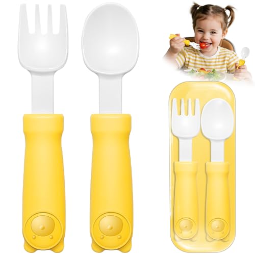 1-3 Years Old Toddler Utensils - Adjustable Length Thick Grip Fork and Spoon | Dishwasher Safe Self-Feeding Kids Tableware (Yellow)