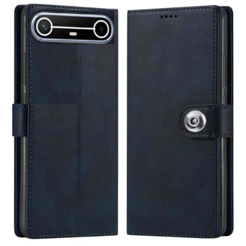 Image of Bintage Cases Genuine Leather Inside Back TPU Wallet Button | Magnetic Stand Dual Layer Flip Cover Compatible for Tecno KM9 / Pova Slim 5G - Navy Blue