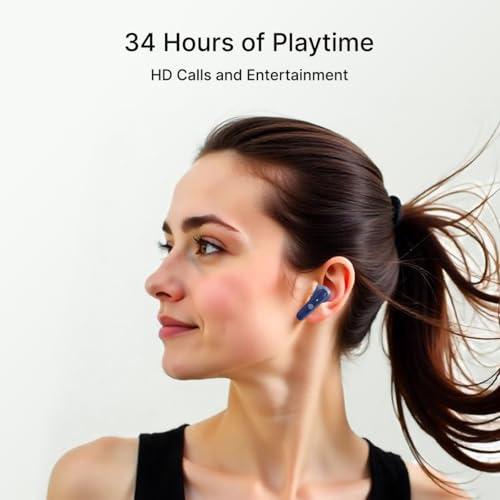 Image of pTron Bassbuds Astra in-Ear TWS Earbuds w /Stereo Sound, 34Hrs Playtime, Stereo Calls, Custom EQ, Mobile App, BTv5.3 Headphones, Touch Control, Voice Assistant, Type C Charging & IPX4 (Navy Blue)