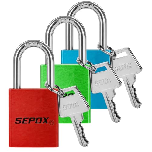 Image of SEPOX Trinity Out-Door Padlock Key-Alike Water-Proof Solid-Aluminum, 1.5 inch 38mm Heavy-Duty Pack of 3 Pcs RGB Locks with Brass Cylinder Long-Shackle for Boat, Fishing, Marine, Fence, Safety Lock