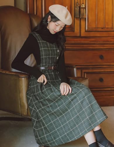 Sleeveless Plaid Belted Dress for Women Fall Winter Wool Elegant Midi Overall Pinafore Apron Dress3