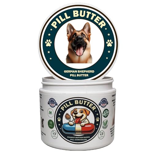 German Shepherd Dog Treats to Wrap Pills (+100 Breeds) Jar of Non-Sticky Moldable Paste Made of Real Human Grade Dog Peanut Butter Treat, Food or Gift to Hide Dogs Pills (60 Servings)