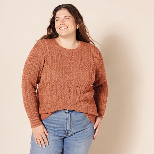 Image of Amazon Essentials Women's Regular Fit Soft Cotton Cable Knit Ribbed Crewneck Sweater (Available in Plus Size)