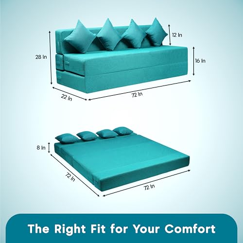 Image of Amazon Brand - Solimo 4 Seater 6 * 6 Jute Fabric Washable Cover Sofa Cum Bed with 4 Cushions 4 Seater Double Foam Fold Out Sofa Cum Bed (Finish Color - Sky Blue Delivery Condition - Pre-Assembled)