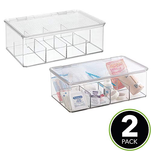mDesign Plastic First Aid Kit Storage Box with Clear Top Lid for Bathroom, Kitchen, Cabinet, Closet - Organizes Medicine, Ointments, Adhesive Bandages, Dental - 8 Divided Sections, 2 Pack - Clear - Thumbnail 4