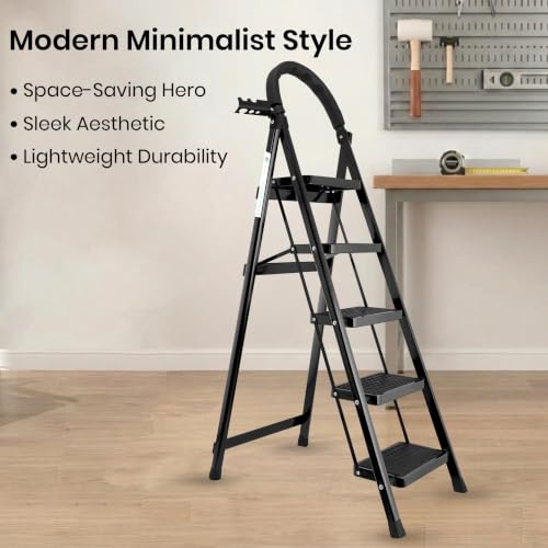 Image of Norman Jr Black 5 Step Ladder for Home Use with Built-in Tool Tray | Heavy Duty D Shape Rods | Ultra Large Platform | Wide Rubber Feet | 150Kg Capacity Foldable Ladder - 7 Years Warranty