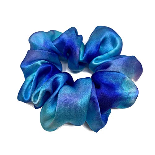 Blue Tie-Dye 100% Mulberry Silk Scrunchie – 19 Momme Luxurious Silk Hair Tie, Handmade in the USA – Premium Hair Accessory for All Hair Types