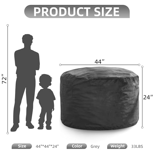 Image of Hobestluk Adults Bean Bag Chair 4FT Big BeanBag Chair Extra Large Oversized | Memory Foam,Washable Cover,Side Pocket,Handle,Lightweight Round Dorm Chair Large Adult Bean Bag Study Room Gaming | Grey 4FT