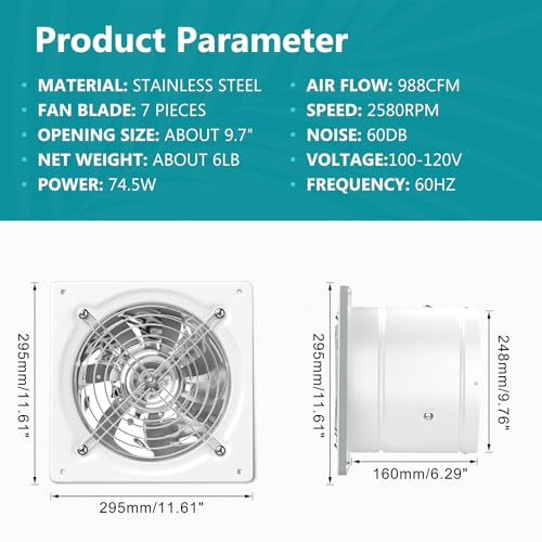 HG Power 10 Inch Kitchen Exhaust Fan 988 CFM Wall Mount Ventilation