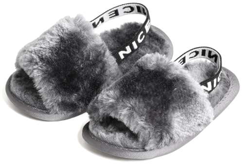 QIETION Girl's Soft Plush Lightweight House Slippers Non Slip Cross Band Slip on Open Toe Cozy Indoor Outdoor Slippers X102 Grey 12CM