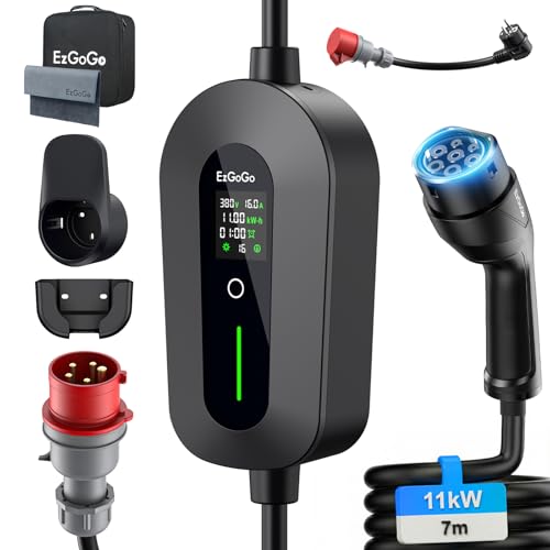 EzGoGo Mobile Wallbox 11kW Ladegerät Typ 2 (3-phasig) mit 7m Ladekabel CEE 16A auf Typ 2 inkl. Alltags-Adapter-Set | EV Ladestation [6/8/10/13/16A] | Hochwertiger IP65 Schutz | Für EVs & PHEVs