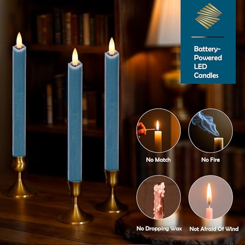 Image of Flameless Taper Candles with Remote, Real Wax Battery Operated LED Candles Set with 3D Flickering Flame, 9.6 inch Realistic Dripless Candlesticks for Wedding Home Decor, 3 Pack Blue