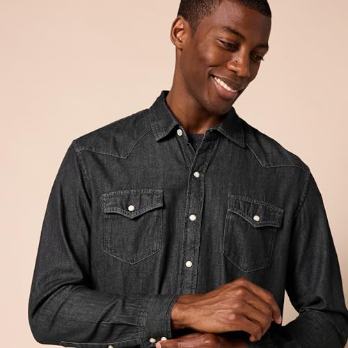 Image of Amazon Essentials Men's Slim-Fit Long-Sleeve Denim Western Style Cotton Shirt with Snap Buttons, Lightweight