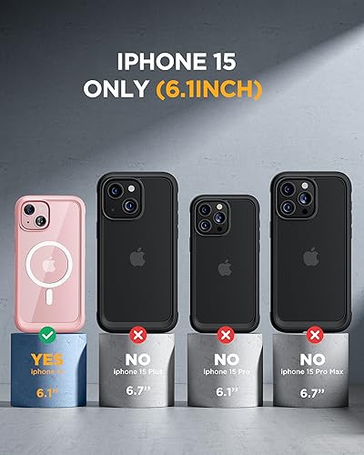 Image of Miracase Glass Series for iPhone 15 Case [Compatible with MagSafe] Full-Body Magnetic Case with Built-in 9H Tempered Glass Anti-Fingerprint Screen Protector + Camera Lens Protector, Pink and Clear