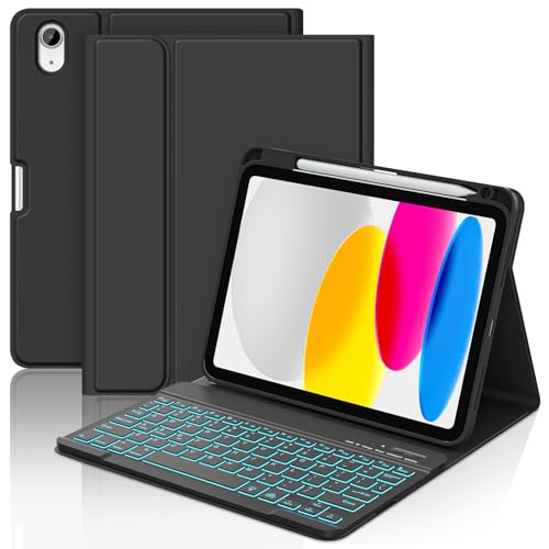 Image of COO 7 Color Backlit Keyboard Case for iPad 11th A16 /10th Gen | 7-Color Backlit Detachable Bluetooth Keyboard, Pencil Holder, Auto Wake /Sleep, 3 Angles, PU TPU Cover, Black