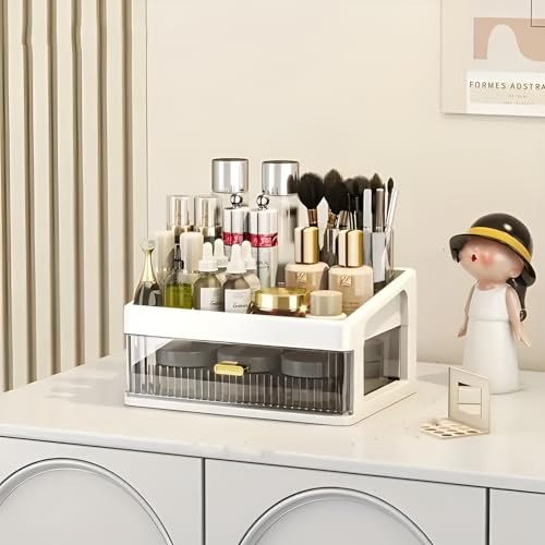 Image of HoopVool Desk Makeup Organizer, Plastic Storage Box with Sliding Drawer, Stylish Display Case for Cosmetics, Lotion, Nail Polish,Brushes,and Jewelry (1 - Layer, White)