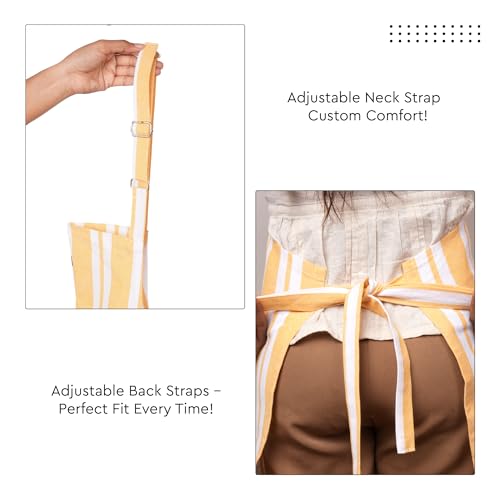 Image of Encasa XO Cotton Cooking kitchen Apron for Women and Men chef apron With adjustable neckstrap, Pocket & Towel Holder for Easy cooking, Baking, BBQ, Gardening- Franca Yellow Stripes, 68x85 cm