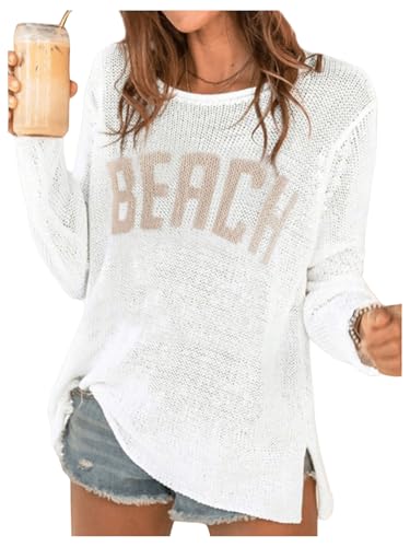 COZYEASE Womens Beach Cover Up Letter Print Long Sleeve Sweater Crew Neck Split Hem Crochet Jumper Top White Small