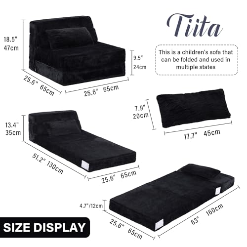 Image of Tiita Convertible Folding Kids Sofa Bed with Pillow & Storage Bag, Plush Fabric Floor Mattress Couch Bed, Washable Cover, Kids Room, Playroom, Dorm, Apartment, Black