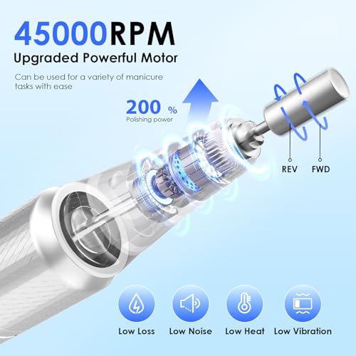 HELIVIVE Professional Electric Nail Drill 45000RPM (Portable & Rechargeable) (with 11 Drill Bits ) Cordless Nail File Machine for Shaping, Polishing & Removing Gel Nails for Salon Home (White) — view 2