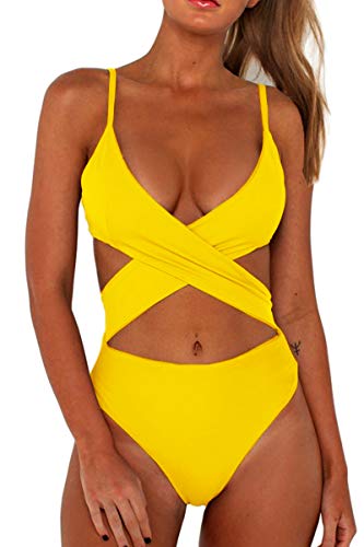 CHYRII Yellow Swimsutis for Women Sexy Hollowed Out Criss Cross High Leg One Piece Bikini Swimsuit S