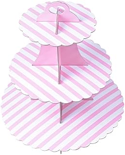 Bezavea 3-Tier Cardboard Cupcake Stand for Afternoon Tea, Stripe Cake Stand, Round Dessert Stand Cupcake Holder Tower, Serving Platter Stand for Baby Shower, Wedding, Birthday Party, 7" 10" 12" (Pink)