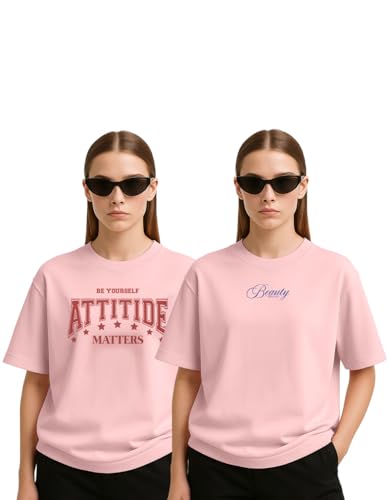 Image of Women's Oversized Cotton Blend Graphic T-Shirt Combo (Pack of 2) | Baggy Fit, Drop Shoulder, Half Sleeves | Sizes S to 2XL