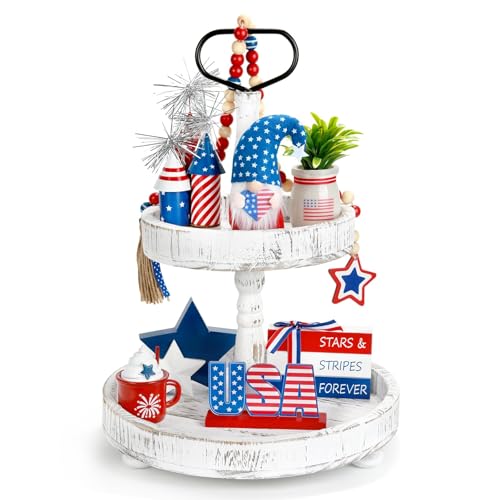4th of July Decorations 8 Pcs Patriotic Memorial Day Tiered Tray Decor Independence Day Fourth of July Red White and Blue Decorations for Home Office Tabletop Sign Centerpieces Shelf Mantel Decor