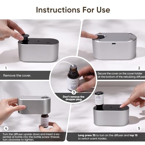 Image of Lecdura Waterless Diffuser for Essential Oil, Battery Operated Scent Air Aromatherapy Diffuser, Mini Aroma Diffusers with 3 Intermittent Mist Modes, Cycle Start for Home Office Bedroom - Silver