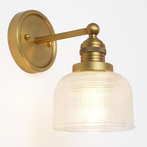 Teqinchy Gold Wall Sconces,Vintage Bathroom Vanity Light with Hand-Blowing Clear Glass Minimalist Brass Wall Sconce Light for Bathroom Mirror Living Room Bedroom Kitchen E26 Hardwire Indoor