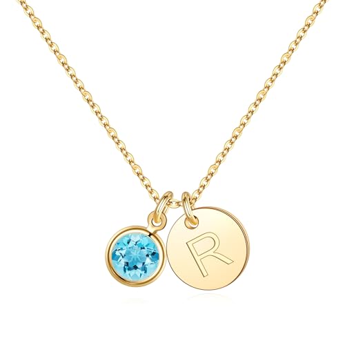 Hidepoo Initial Birthstone Necklace Gifts - Personalized Mothers Day Birthday Gift for Woman Wife Sister Grandma Mom March Aquamarine Birthstone Jewelry for Women Disc Letter R Necklaces