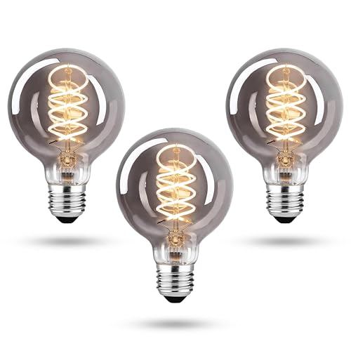 CROWN LED Glühbirne E27 Vintage 3er-Set – Rauchgraue Edison Lampe aus Glas – Energieeffizient E-Klasse – 550 lumens, 5W – Retro Leuchtmittel 14,5x9,5 cm – Deko & Wohnbeleuchtung