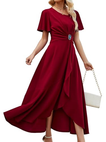 Image of QMZ Wedding Guest Dresses for Women V Neck Cocktail Dress Ruffle Sleeve A Line Evening Party Formal Dresses for Women