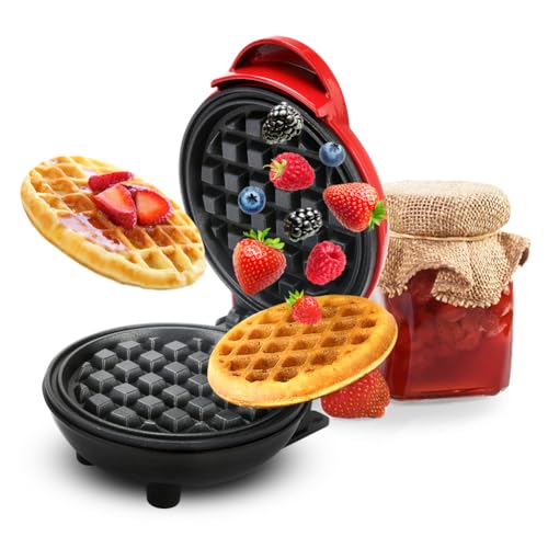 RANJIMA Mini Waffle Maker, Mini Gofrera Roja, 350W Gofres con Revestimiento Antiadherente Gofrera...