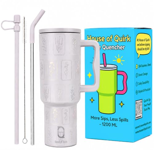 Image of House of Quirk 1200ML Stainless Steel Tumbler with Handle & Lid, 2 Straws - Large Travel Mug Water Cup for Gym, Office & Outdoor Use (Oat Flora)