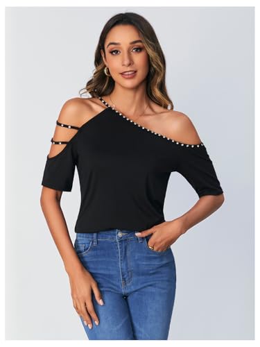 SOLY HUX Women's Cut Out Off Shoulder T Shirt Short Sleeve Rhinestone Tee Tops4
