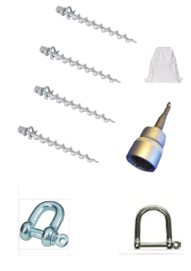 4 X ALU ZELTHERING mit einem WURMSCHRAUBEN Gewinde mit 24 mm NUSSADAPTER + 4 x STAHLSCHÄKEL 16 mm Ø + 4 x Edelstahl Schäkel, 24mm breit Rostfrei