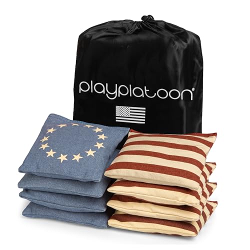 Image of Play Platoon Cornhole Bags Weather Resistant- Set of 8 Regulation Bean Bags for Tossing- Official Professional Size & Weight Corn Hole Bags Two Color All Weather Cornhole Beans Bag Set with Tote Bag