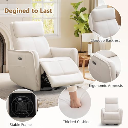 Image of HAOMARKETS Electric Swivel Rocker Recliner Chair Set of 2, Power Faux Leather Glider Rocking Recliners for Adults,360 Swivel Nursery Reclining Sofa with USB Charging Port, White