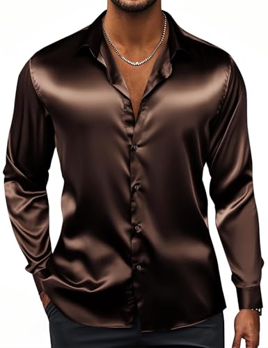 Image of Hi-Tie Men's Silk Satin Dress Shirts Long Sleeve Shiny Casual Button Up Shirts Luxury Party Disco Prom Wedding Shirt