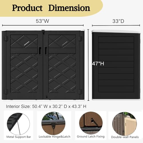 Image of ZZM Large Outdoor Storage Shed, 48 Cu Ft Resin Versatile Storage Cabinet for Patio Accessories, Trash Cans & Garden Tools, Durable Horizontal Storage Box with Lockable Lid (Black)