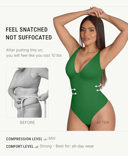 Image of FeelinGirl Shapewear Bodysuits for Women Tummy Control Body Suits Deep V Neck Thong Body Shaper