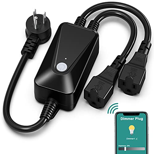 Smart Dimmer Plug, WiFi Light Dimmer, Outdoor Dimmer for String Lights. 2 Sockets Remote App Control Compatible with Alexa and Google Home. Waterproof Outdoor Smart Plug Dimmable with Smart Life App